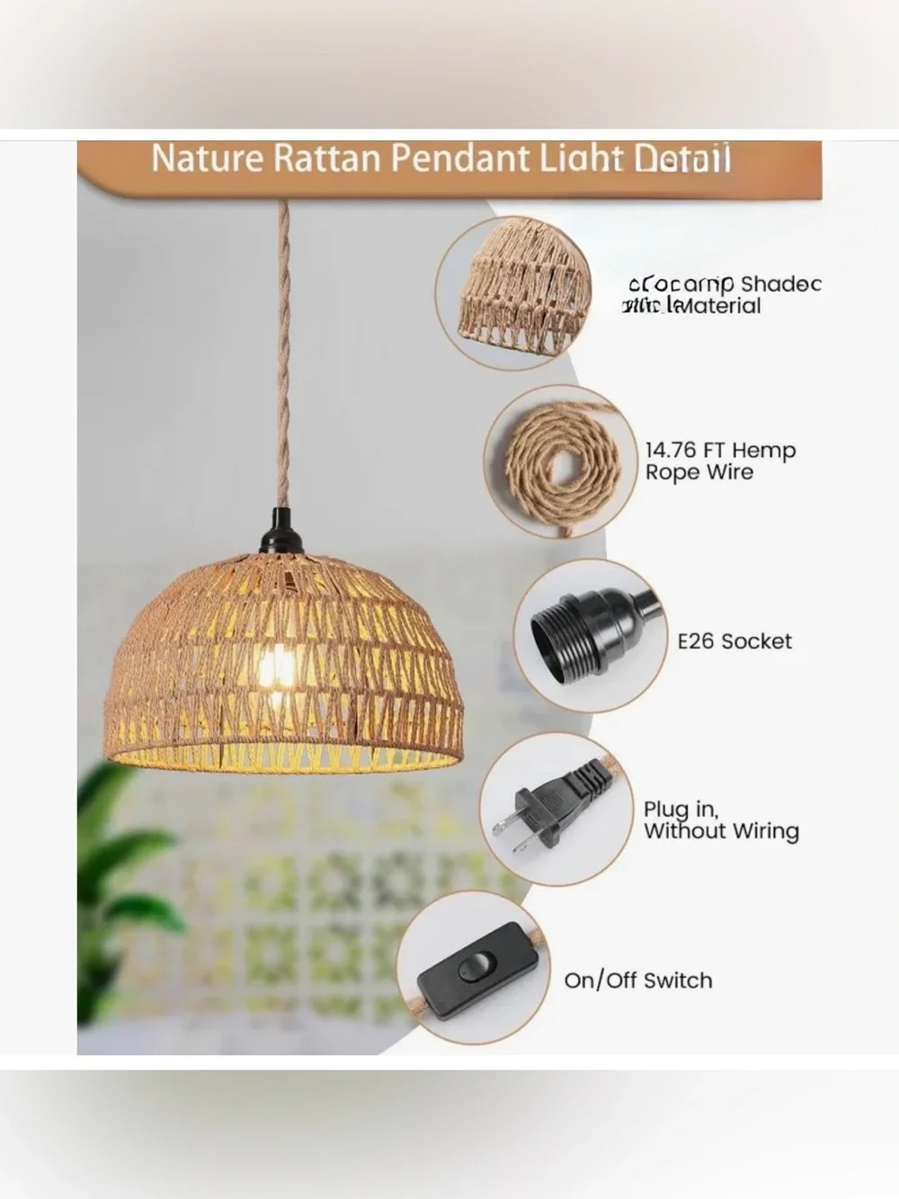 Rattan Hanging Lamp,Boho Pendant Lights,Plug In Cord